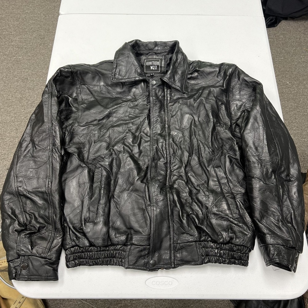 Junction West Patchwork Leather Bomber Jacket Mens L Black Vintage Textured Zip